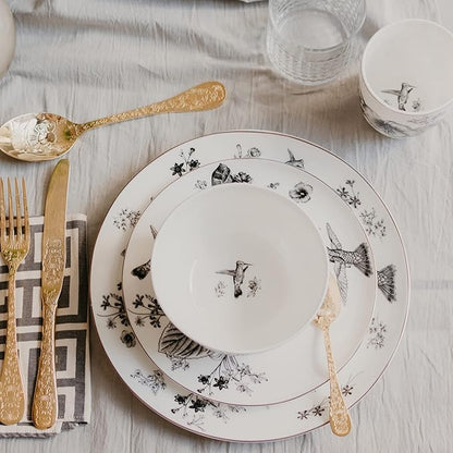 Botanic Plates and Bowls Sets Dishes Set for 4, Ceramic Plates and Bowls Set, Service for 4, Bone China Dinnerware Set Salad Dessert Plates, and Cereal Bowls Set, Microwave safe by KOKEN