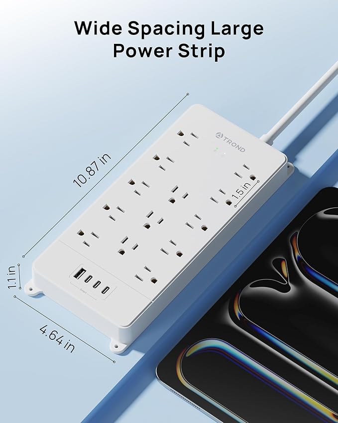 TROND 360° Rotating Flat Plug, Surge Protector Power Strip, 13AC Widely Spaced Outlets Expansion with 3 USB C Ports, 4000J, 5ft Extension Cord Heavy Duty, Wall Mount, Under Desk, ETL Listed, White