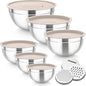 TeamFar Mixing Bowls, 6PCS Stainless Steel Nesting Mixing Salad Bowl with Lids & 3 Grater Attachments, for Food Cooking Baking Storing, Healthy, Khaki - 4.6/2.6/2 / 1.5/1 / 0.7 QT