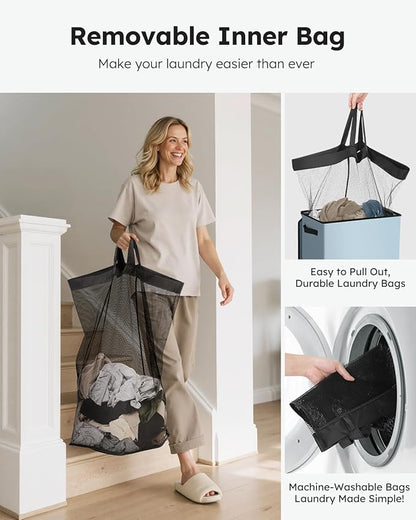 SOLEDI Laundry Hamper with Lid 100L Large & Tall Collapsible Laundry Basket, Clothes Hamper with Bag Removable Easy to Carry, Dirty Hampers for Bedroom, Bathroom, Dorm, College, Blue Grey