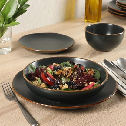 Gibson Home Hazeltine 16-Piece Black Stoneware Dinnerware Set – Plates and Bowls