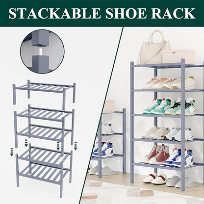 Smiry Shoe Rack, 4 Tier Small Bamboo Shoe Organizer, Stackable Free Standing Wooden Shoe Storage Shelf for Closet, Entryway, Front Door Entrance, Grey