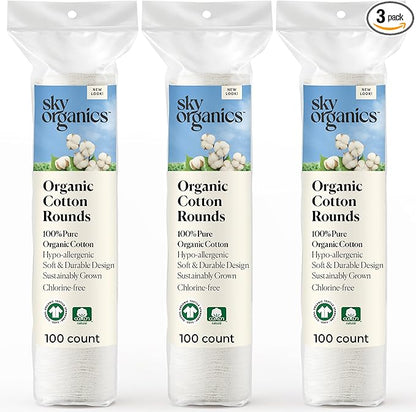 Sky Organics Organic Cotton Rounds for Sensitive Skin, 100% Pure GOTS Certified Organic for Beauty & Personal Care, 300 ct.