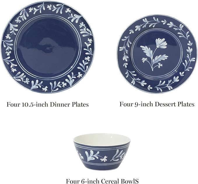 Martha Stewart Maiden Crown 12-Piece Sky Blue Dinnerware Set – Vegan Bone China Ceramic Plates & Bowls – Floral Design – Service for 4 – Microwave & Dishwasher Safe