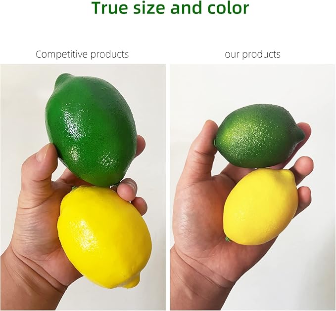 Fake Fruit Artificial Lemons 24 Pcs, Faux Lemon Leaves 12 Pcs Lifelike Fake Lemon Decor for Kitchen Table Cabinet Party Plastic Fruits Photography Prop