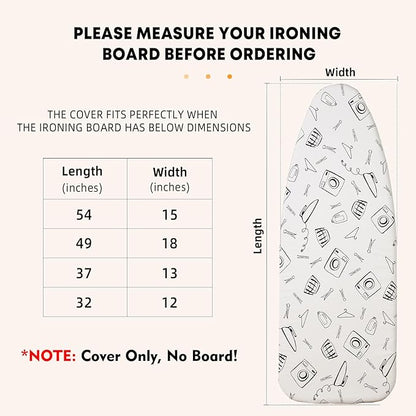 Seiritex Wide Ironing Board Cover and Pad 18 x 49 inch Heat Reflective with Hook and Loop Fasteners, Thick Padding with Elasticized Edges, 3 Layers Iron Board Cover (White)