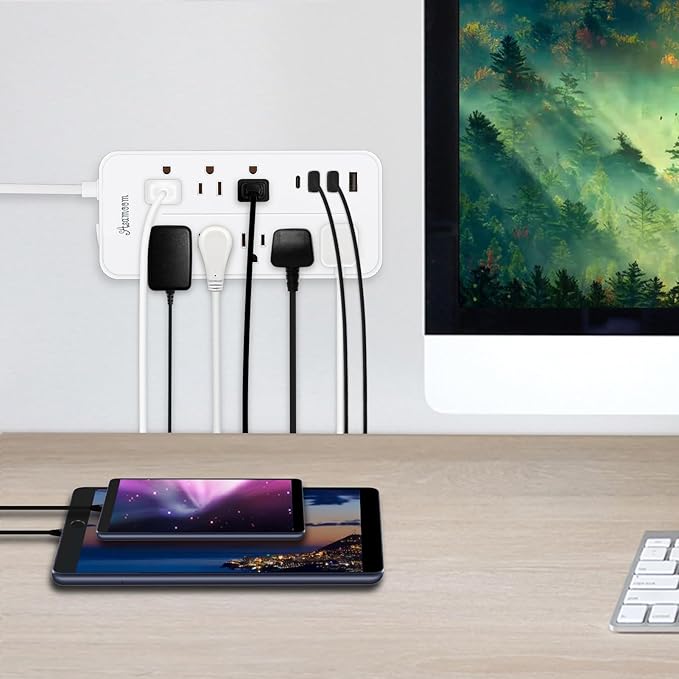 10FT Surge Protector Extension Cord with USB C, Flat Plug Power Strip - 8 Outlets & 3 USB Ports (A x 2, C x 1), Wall Mount Desk Power Strip - White, ETL Listed