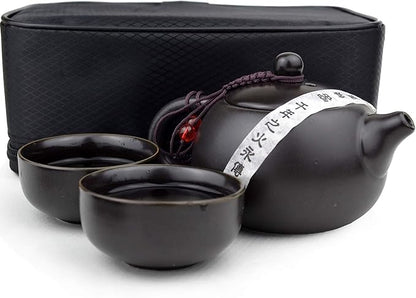 Teapot Chinese Ceramic White Cyan Black Portable Travel Packaging Xishi Pot Cups set (Black 1pot 2cups set)