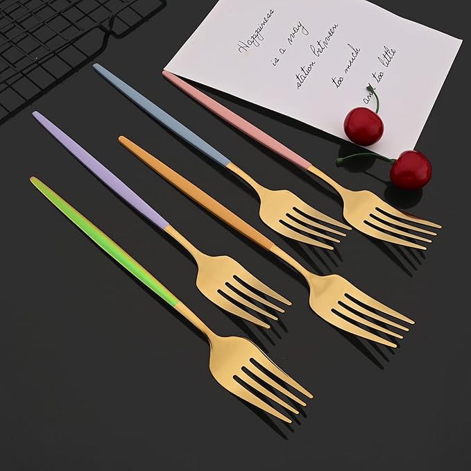 JASHII Flatware Set 24 Piece, Stainless Steel Silverware Set, Macaron Small Fresh Color Cutlery Set, Modern Elegant Tableware Set for Party, Christmas, Dinner (Haze Blue Gold)
