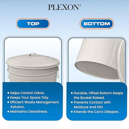 Plexon 13-Gallon Galvanized Steel Round Trash Can with Lid, Indoor and Outdoor Use, Durable Construction, Retro Design, Stylish Beige 2 Pack