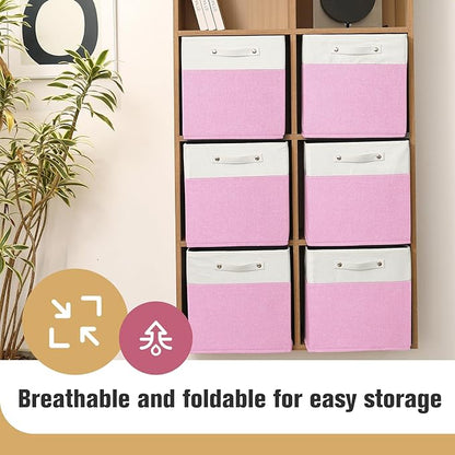 13 x 13 Inch Fine Linen Storage Bins with Handles，Fabric Cube Boxs，Collapsible Basket Organizers for Shelves for Home, Closet Drawers (White/Pink-6 Pack)