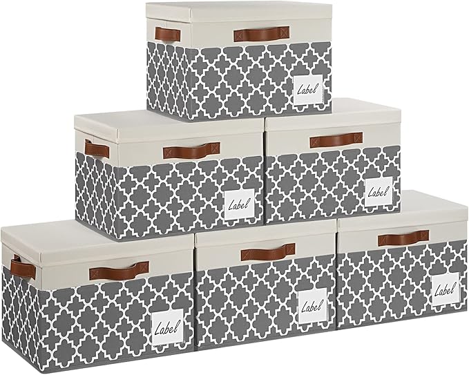 GhvyenntteS Extra Large Storage Bins with Lids, Foldable Fabric Storage Boxes with Lids and 3 Leather Handles, Storage Baskets with Label Window (6 Pack, Grey&Black, 15.75x11.8x10.2)