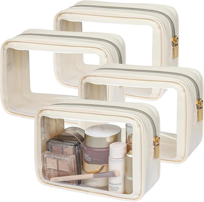 PACKISM Clear Makeup Bag - Soft Plastic Color-Edged TSA Approved Toiletry Bag, Reusable Clear Toiletry Bags with Golden Zipper, Beige