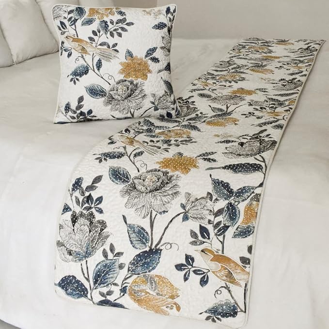 The HomeCentric King/Queen/Twin Blue & Ivory Designer Twin 53"x18" Bed Runner with Pillow Cover, Bird, Pearl & Quilted Bed Scarf on Linen Fabric - Vintage Birdena