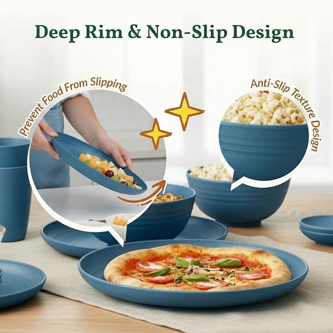 Wheat Straw Dinnerware Sets for 8, Microwave Dishwasher Safe Dish Set, Reusable