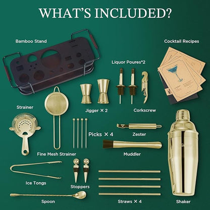 KITESSENSU Cocktail Shaker Set Bartender Kit with Stand | Complete 24-Piece Bar Set Cocktail Kit with All Bar Accessories, Gold