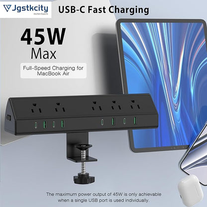 Jgstkcity Desk Clamp Power Strip,45W Fast Charging Station,4 USB-C,4 USB-A,Desk Mount Surge Protector,1875W Extension Cord with Multiple Outlets,ETL Listed,for Home Office Dorm Room
