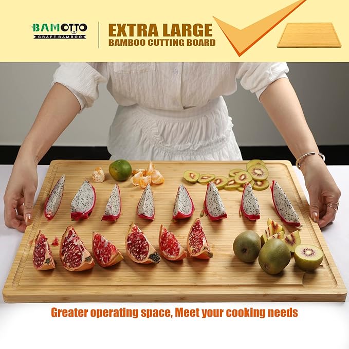 Extra Large 100% Organic Bamboo Cutting Board, 24x18 Inch Butcher Block Chopping/Carving Board with Handle and Juice Groove for Turkey, Meat, Vegetables, BBQ (XXL, 24" x 18"）