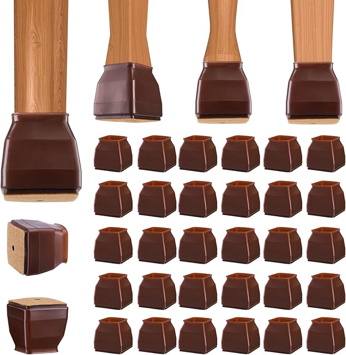 BALEINE 32 Pack Silicone Chair Leg Floor Protectors, Stool Leg Protectors Cap, Non-Slip Chair Leg Caps for Hardwood Floors (Brown & Large (Square), 32 Pack)