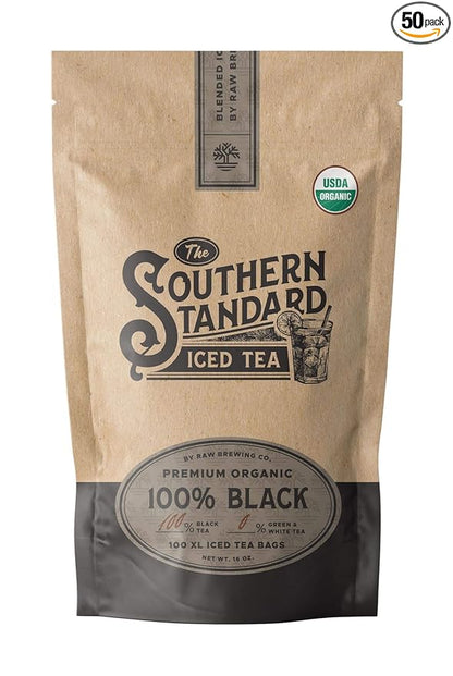 The Southern Standard | Organic Iced Tea Bags – 100% Black Tea Blend | No Microplastics | 50 XL Bags (½ lb, Makes 25 Gallons)