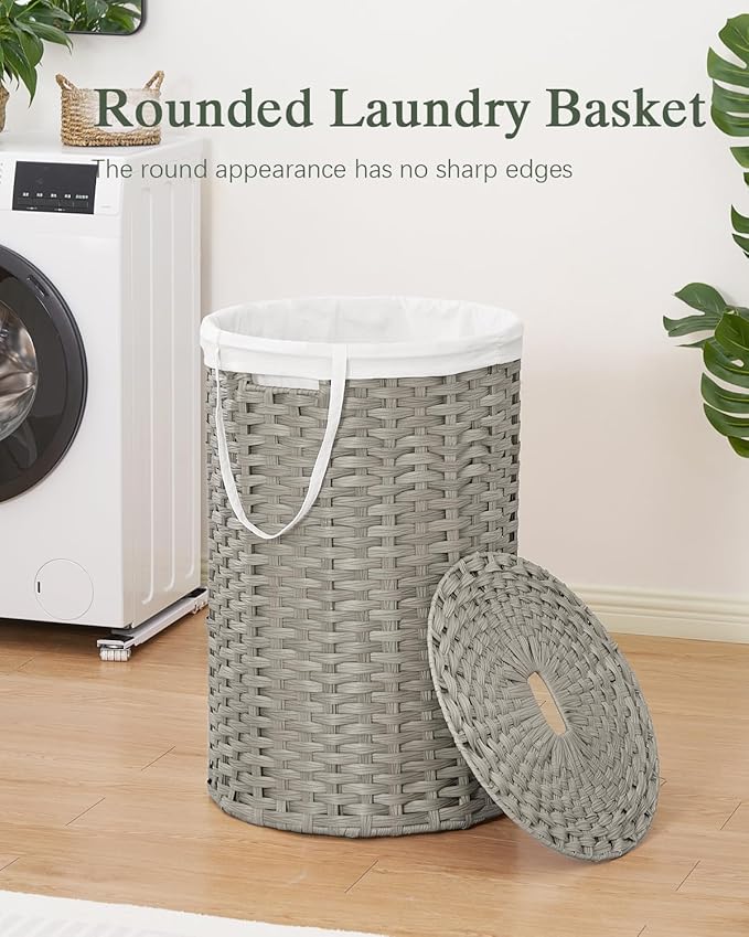 Large Laundry Hamper Laundry Basket Round 34.3 Gal (130 L) Handwoven Wicker Laundry Baskets Rattan Laundry Basket with Laundry Bag Handles 2 Mesh Bags for Living Room Bedroom Gray