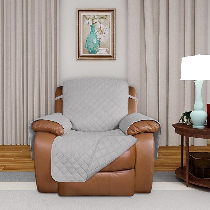 PureFit Reversible Quilted Sofa Cover, Water Resistant Slipcover Furniture Protector, Washable Couch Cover with Non Slip and Elastic Straps for Kids, Dogs (Oversized Recliner, Light Gray/Light Gray)