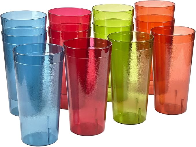 US Acrylic Café Plastic Reusable Tumblers (Set of 12) 32-ounce Iced-Tea Cups, Assorted | Value Set of Restaurant Style Drinking Glasses, Stackable, BPA-free, Made in the USA | Top-rack Dishwasher Safe
