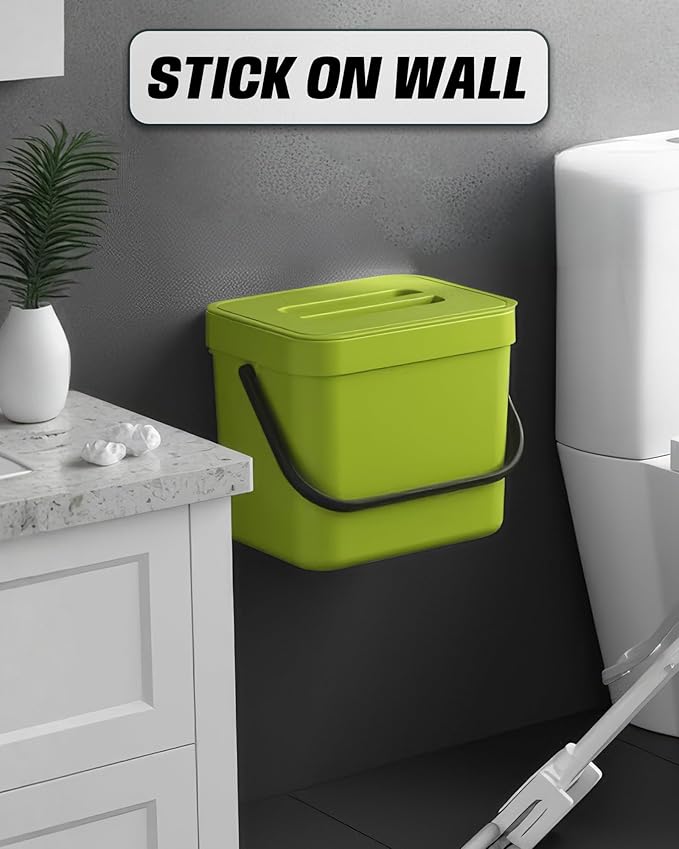 Countertop Compost Bin Kitchen, 1.8 Gallons Hanging Trash Can with Lid for Kitchen Cabinet Door, Under Sink, Wall Mounted Waste Bin for Bathroom, 7L(Lime Green)
