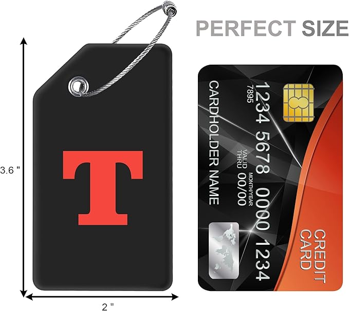 8 Pcs Luggage Tags for Suitcases, 26 Initial Letter Travel Luggage Baggage Identification Labels ID Tags Fully Bendable Tags with Stainless Steel Loop (Letter T, Black)