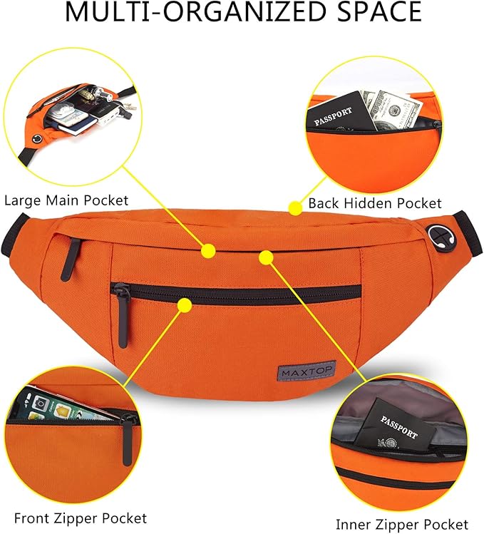 MAXTOP Large Crossbody Fanny Pack with 4-Zipper Pockets,Gifts for Enjoy Sports Festival Workout Traveling Running Casual Hands-Free Wallets Waist Pack Phone Bag Carrying All Phones