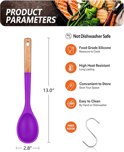 Large Silicone Cooking Spoons, Nonstick Solid Wooden Handle Spoon, Heat Resistan Silicone Kitchen Spoons for Cooking, Serving, Basting, Mixing, 13.2inch (BERRY)