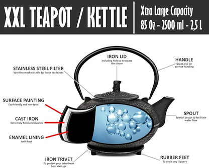 XXL Japanese Cast Iron Teapot with Infuser & Matching Trivet - Large 85 Oz/2500ml Tetsubin Loose Leaf Tea Pot with Enamel Interior - Handcrafted Big Cast Iron Tea Kettle Humidifier Set - Black