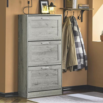 Shoe Cabinet for Entryway, 3-Tier Flip Drawer Narrow Shoe Storage Cabinet with Divider, Tall Slim Shoe Organizer for Small Spaces, Slim Shoe Rack Freestanding, Gray, HUS-FSR137-L