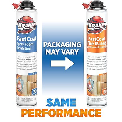Kraken Bond Fastcoat Fire Rated Spray Foam Insulation Kit Closed Cell in a Can 40 sq ft (2x27.1 oz.) (R-Value 11.32 / 2in) - Spray Foam for Garage Door, Attic, Wall Gun & Cleaner Included, 2 Pack