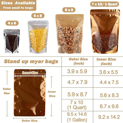 150-pack 7” x 10” 1 Quart Stand Up Mylar Bags with Clear Window Resealable Foil Pouches for Food Storage Smell Proof Edible Packaging Zip Bag for Jewelry and Small Business Bulk, Golden