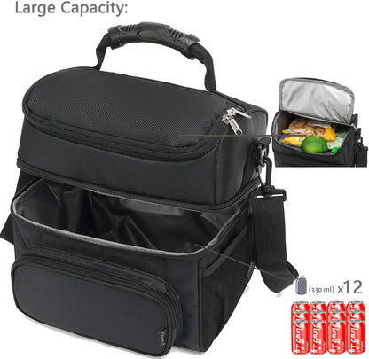 FlowFly Double Layer Cooler Insulated Lunch Bag Adult Lunch Box Large Tote Bag for Men, Women, With Adjustable Strap,Front Pocket and Dual Large Mesh Side Pockets