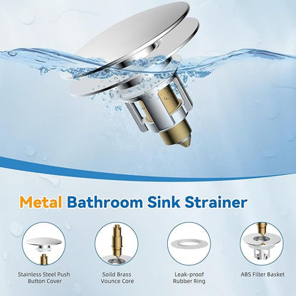 iFealClear 2 Pack Universal Bathroom Sink Stopper, Pop Up Sink Drain Strainer with Hair Catcher Basket, Fit 1.1"-2.36" US Basin, Wash Basin Drain Plug with Large Cover Cap, Brass Bounce Core, Chrome