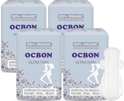 Unscented Ultra Thin Sanitary Pads (40 Count, Overnight) – Organic Cotton Feminine Pads with Wings for Women, Super Absorbent & Soft, Period Protection, Hypoallergenic