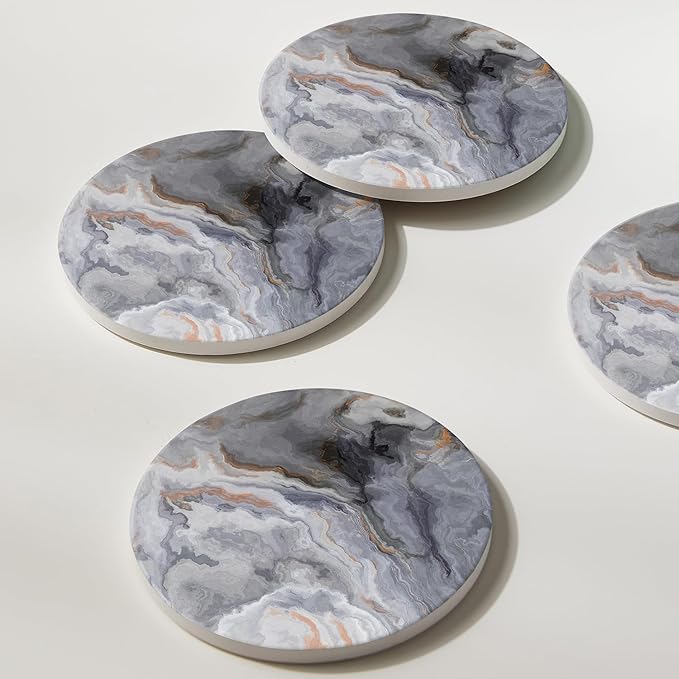 Set of 6 Abstract Dark Blue Marble Coasters with Holder, Absorbent Ceramic Coasters for Drinks, Coasters with Cork Backing for Table Protection, Housewarming Gifts for New Home