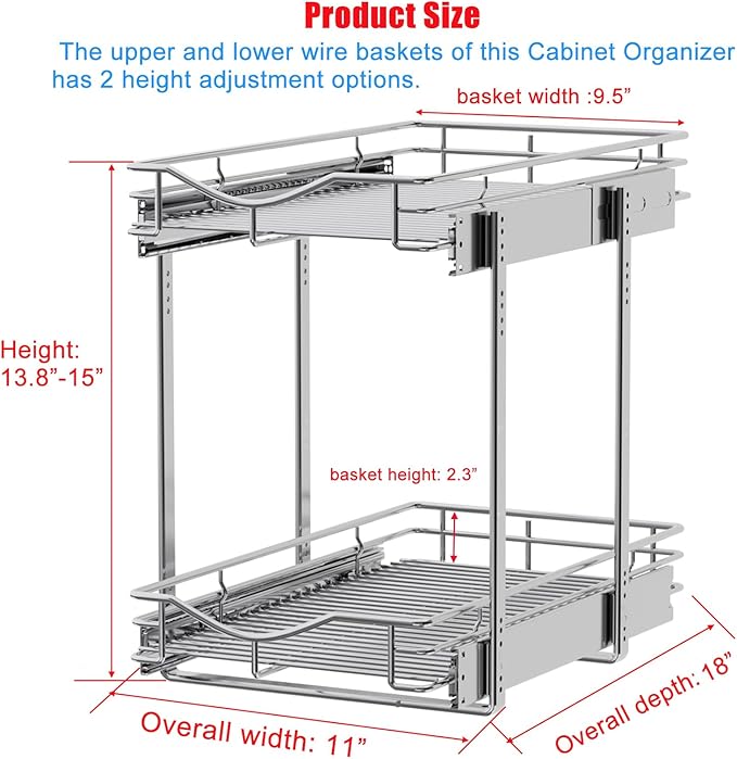 DINDON 2 Tier Pull Out Cabinet Organizer (11" W x 18" D) Heavy-Duty Metal Sliding Drawer Shelf, Two Tier Pull Out Shelves for Kitchen Cabinets, Pantry, Bathroom, Chrome Finish