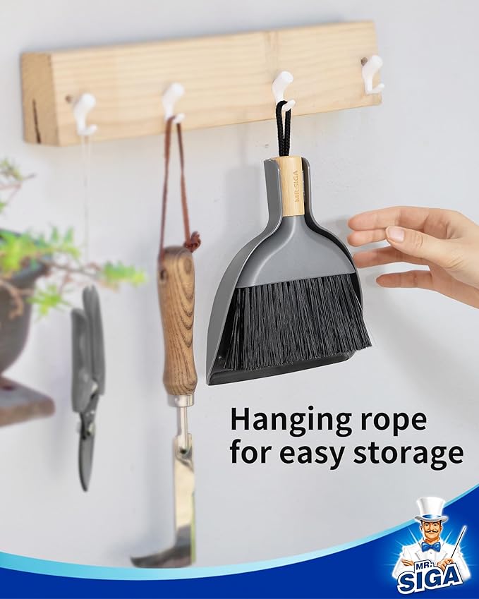 MR.SIGA Mini Dustpan and Brush Set, Portable Cleaning Brush and Dustpan Combo with Bamboo Handle, Gray, 1 Set