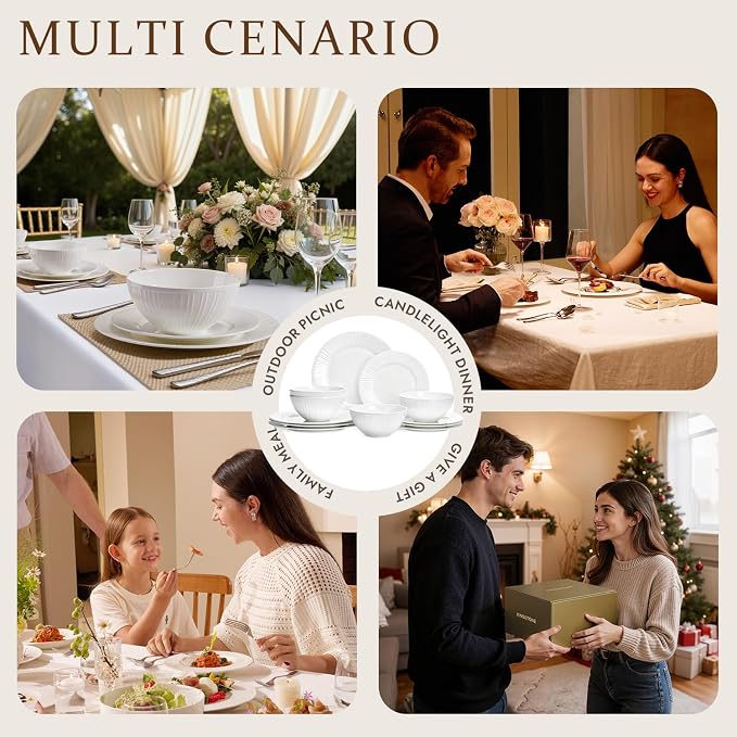 18Pc Textured White Bone China Set Service
