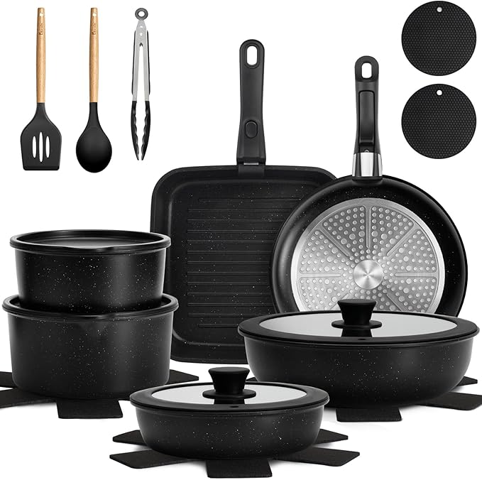 KIKCOIN 22 Pcs Pots and Pans Set Non Stick, Detachable Handle Cookware Sets Nonstick, RV Kitchen Cooking Set with Removable Handles, Frying Pans - Induction/Dishwasher/Oven Safe (Black)