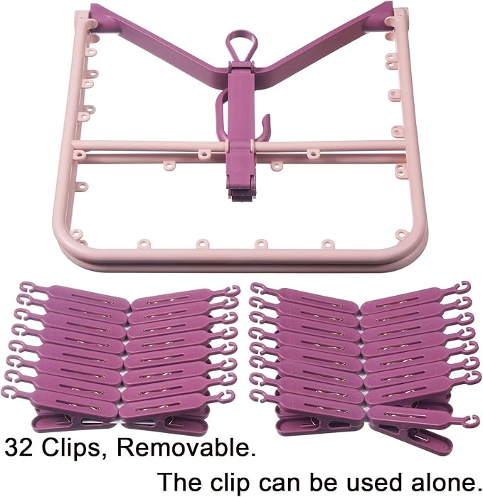 Foldable Clip Hangers with 32 Clothespin Drying Clips,Laundry Clip Drip Drying Hanger for Underwear Socks Bras Lingerie Clothes(Pink)