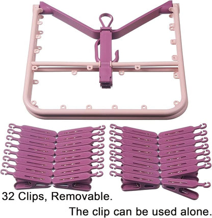 Foldable Clip Hangers with 32 Clothespin Drying Clips,Laundry Clip Drip Drying Hanger for Underwear Socks Bras Lingerie Clothes(Pink)