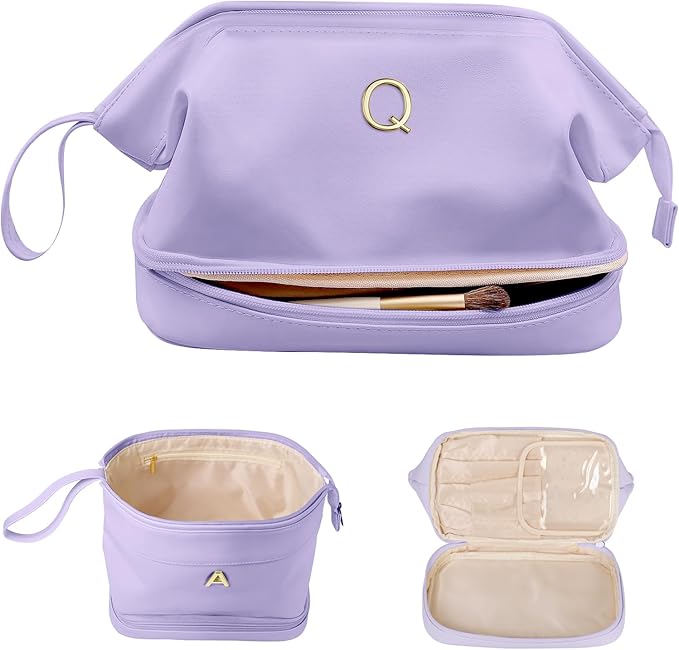 Bridesmaid Gift, Initial Makeup Bags, Personalized Double Layer Cosmetic Bag with Makeup Brush Organizer, Waterproof, Large Capacity PU Leather Travel Toiletry Bag