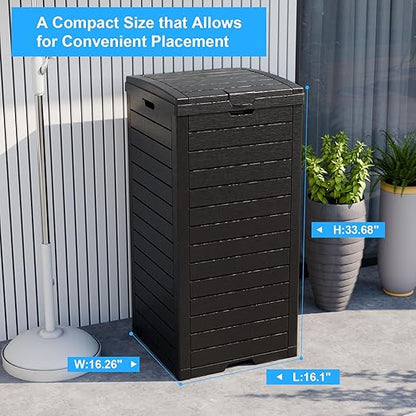 Outdoor Trash Can with Lid, Outdoor Trash Bin & Pull-Out Liquid Drawer, Dual Lid Closure Design, Waterproof Resin Garbage Can Container for Patio, Backyard, Deck (Black, 38Gallon)