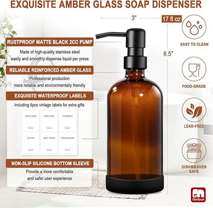 GMISUN Amber Glass Soap Dispenser with Silicone Sleeve Boot, 2 Pack Bathroom Hand Soap Dispensers with Pump, 17 Fl Oz Kitchen Hand and Dish Soap Dispenser Set, Liquid Soap Dispensers Bottle