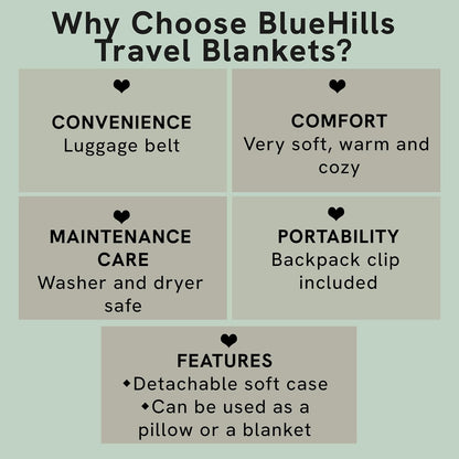 BlueHills Premium Soft Travel Blanket Pillow Airplane Flight Blanket Throw in Ultra-Soft Bag Pillow case Luggage Sleeve & Backpack Clip Large Air Warm Traveler Essentials - Light Gray T024