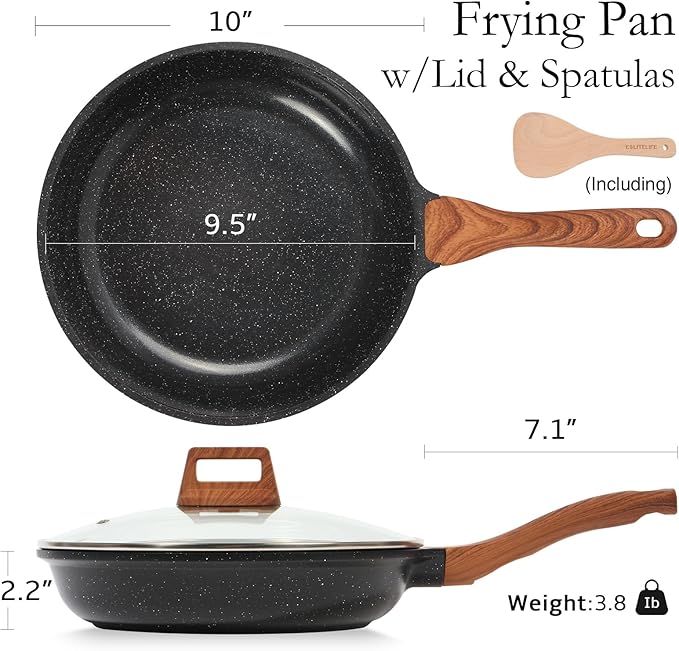 ESLITE LIFE Nonstick Ceramic Frying Pan Skillet with Lid, Non-Toxic Egg Omelette Kitchen Cooking Pans Compatible with All Stovetops (Gas, Electric & Induction), PTFE & PFOA Free (Black, 9.5" w/Lid)